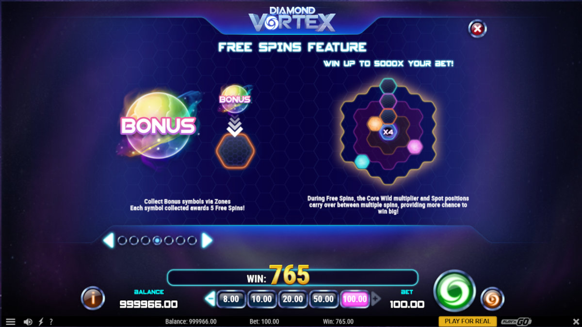 Diamond vortex by Playn GO bonus feature with free spins